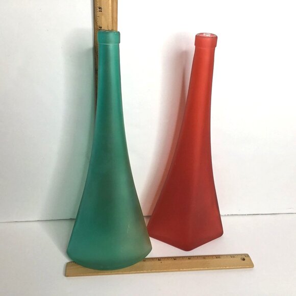 Pair VTG Asymmetrical Conical Frosted Glass Vases Red Teal Numbered Stamped 14" - Picture 6 of 10